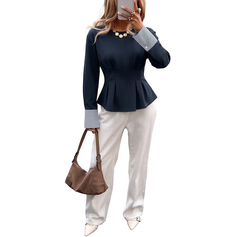 Women's Tailored Peplum Top with Pleats, Round Neckline and Contrast Cuffs Chichicherry