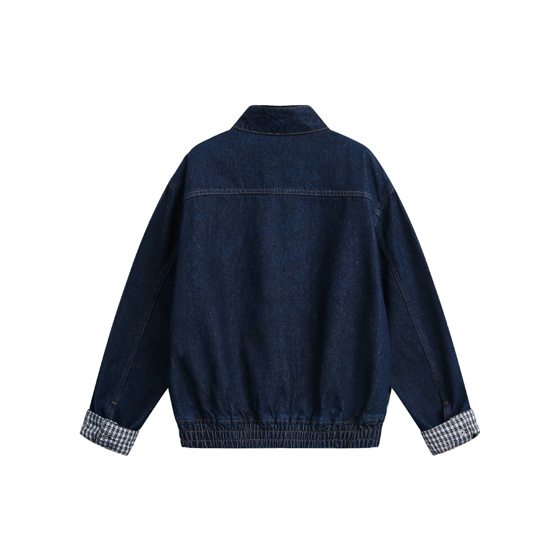 Women Oversize Denim Jacket with Stand-Up Collar and Check Lining Chichicherry