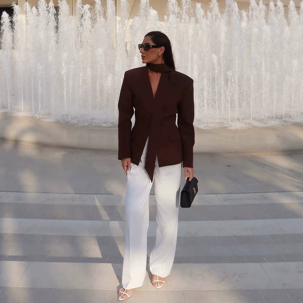 Women's Elegant Tailored Blazer-Pants Set with Integrated Scarf and V-Neck Chichicherry