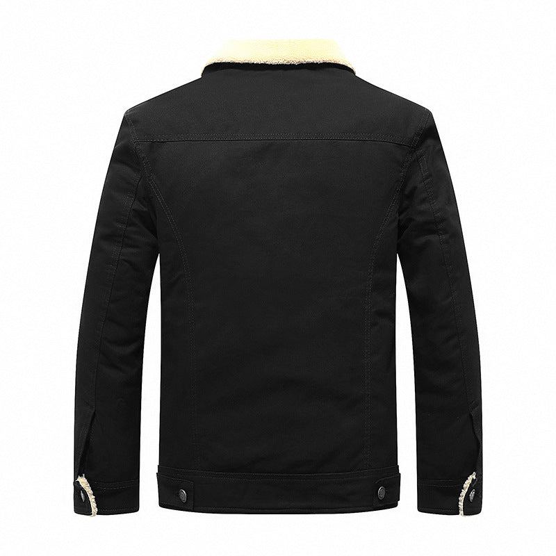 Men's Sherpa-lined canvas trucker jacket with faux fur collar and utility pockets Chichicherry