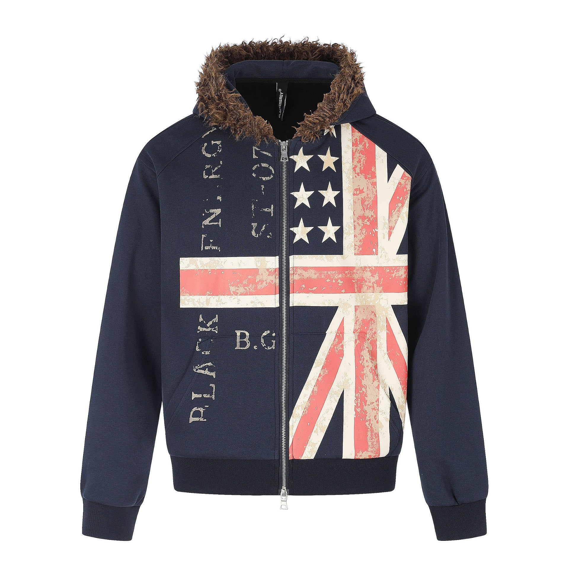 Men's hoodie jacket with faux fur trim, zipper, and vintage flag print Chichicherry
