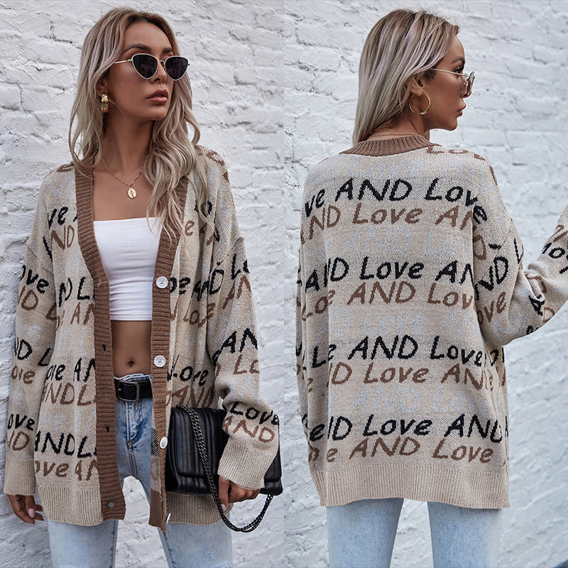 Women's Oversize Knit Cardigan with Letter Jacquard, Deep V-Neck and Button Placket Chichicherry