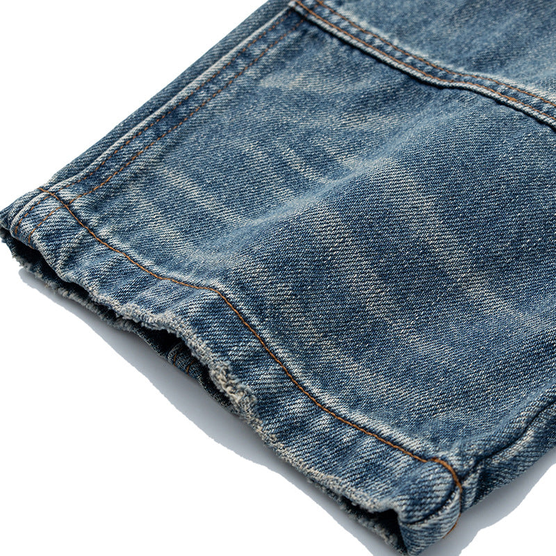 Women's high-waisted denim pants in a wide, cropped cut with a used effect and patch front pockets Chichicherry