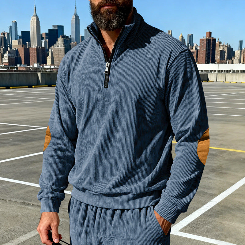 Men's cord structure half-zip pullover in relaxed fit with stand-up collar and elbow patch Chichicherry