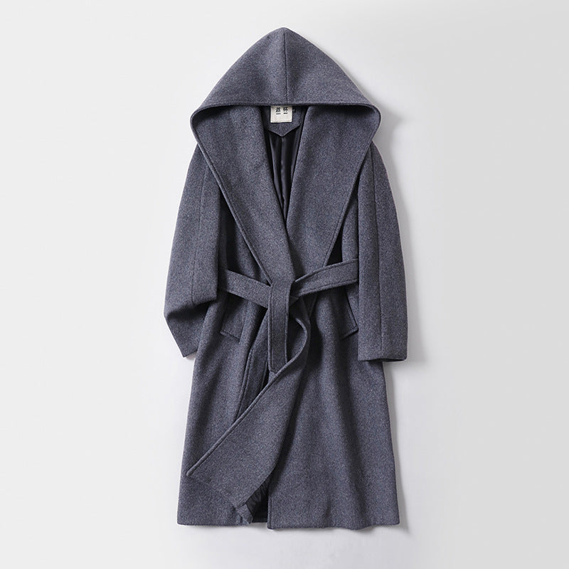 Women's Maxi Length Hooded Coat made of Wool Blend with Tying Belt and Soft Lining Chichicherry