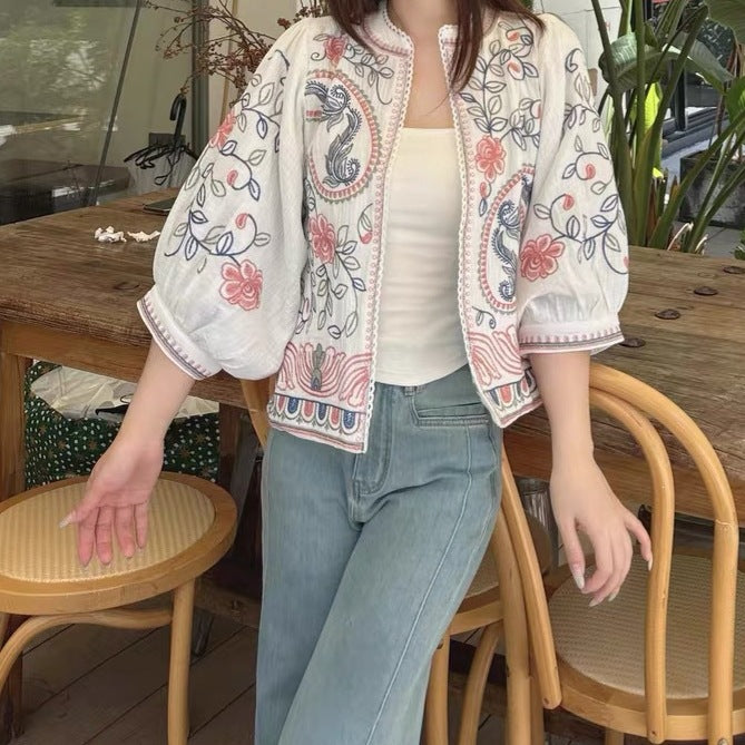 Women Quilted Kimono Jacket with Floral Embroidery Chichicherry