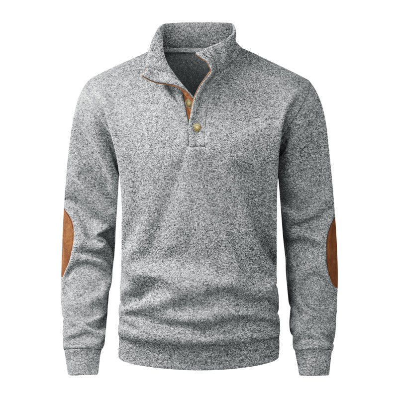 Men's knit sweater with standing collar, button placket & elbow patches Chichicherry