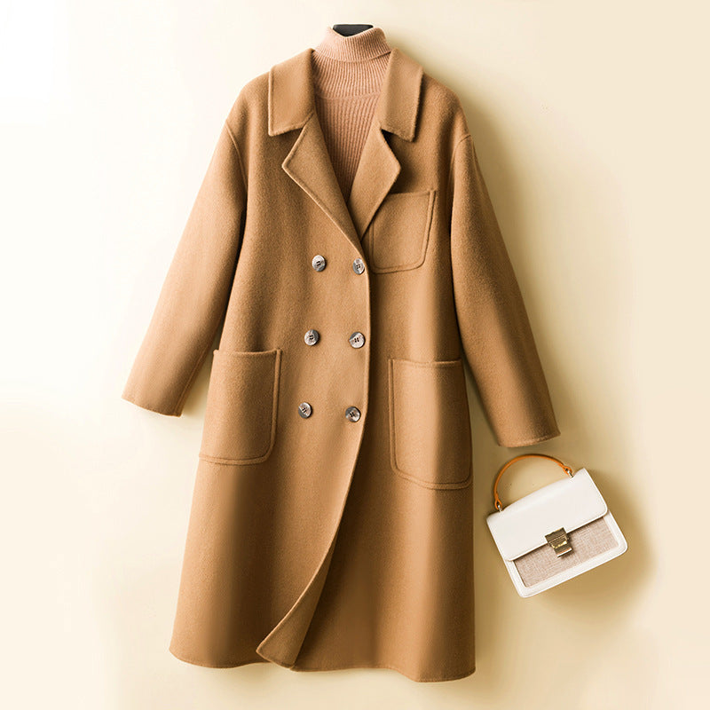 Women Oversized Double-Breasted Wool Blend Coat with Patch Pockets Chichicherry