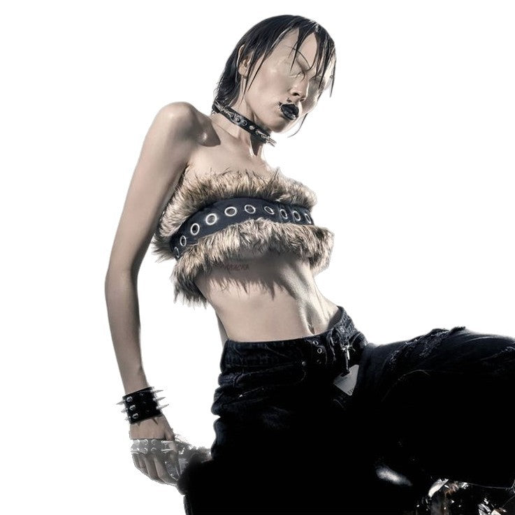 Women Cropped Bandeau Top with Faux Fur Trim, Grommet Leather Strap and Gothic-Punk Details Chichicherry