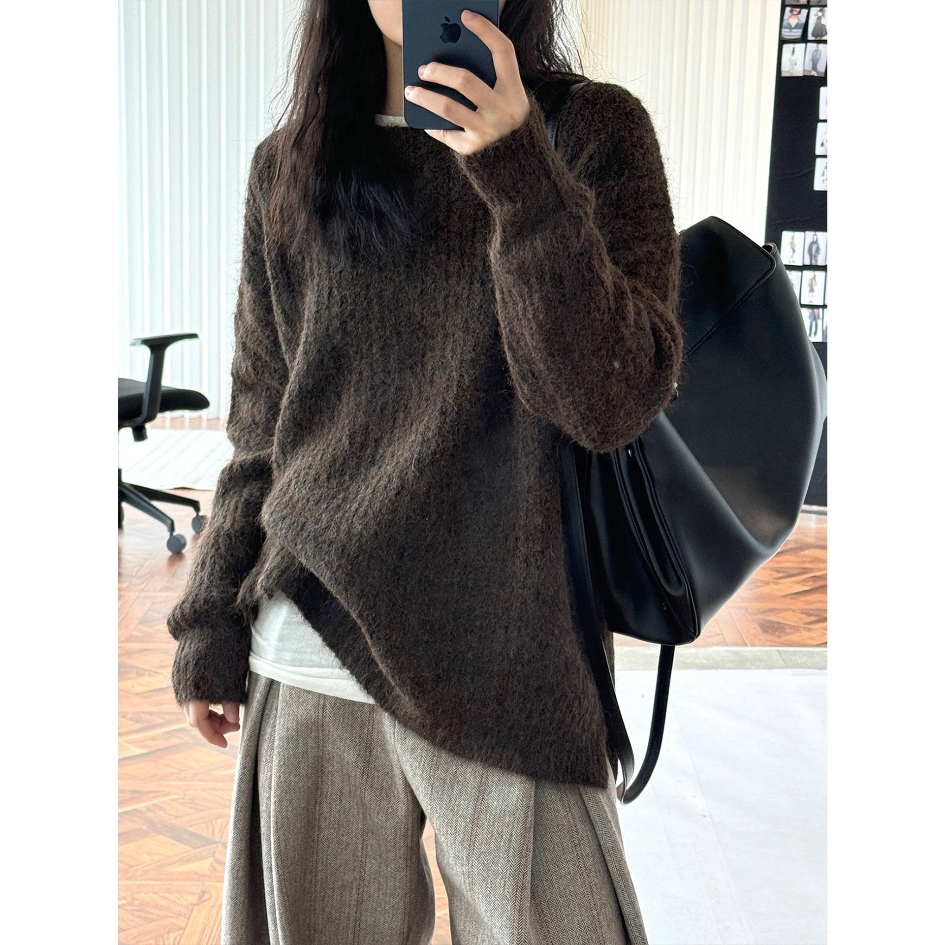 Women Fluffy Oversized Sweater in Mohair Look with Ribbed Textured Knit Chichicherry