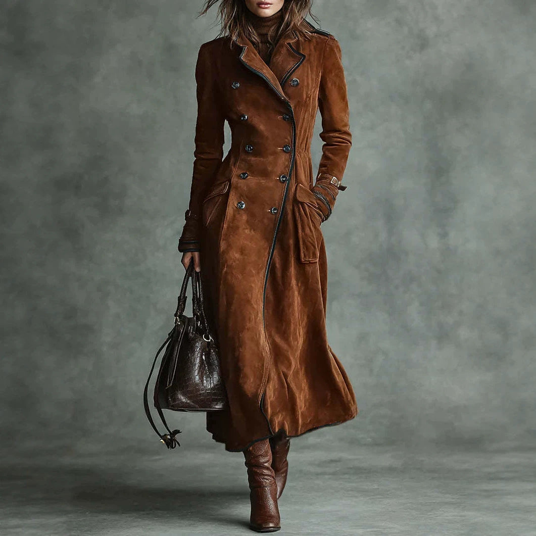 Women Longer Tailored Trench Coat in Suede Look with Double-Breasted Button Placket and Buckle Cuffs Chichicherry