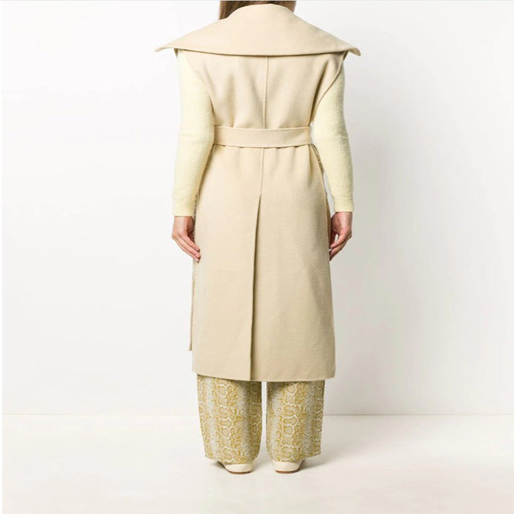 Women's sleeveless tailored wool blend gilet with wide shawl collar and belted tie Chichicherry