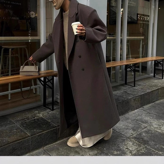 Women's Double-Breasted Maxi Wool Blend Coat with Slim Silhouette and Dropped Lapel Chichicherry