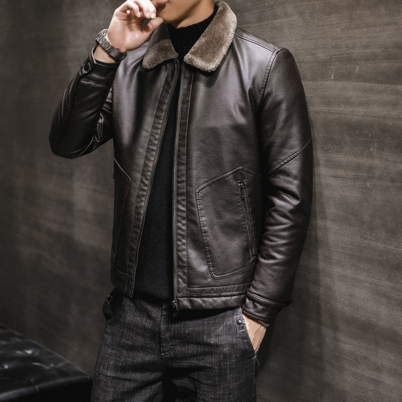 Men's Premium Faux Leather Flight Jacket with Contrasting Teddy Collar and Concealed Zipper Placket Chichicherry
