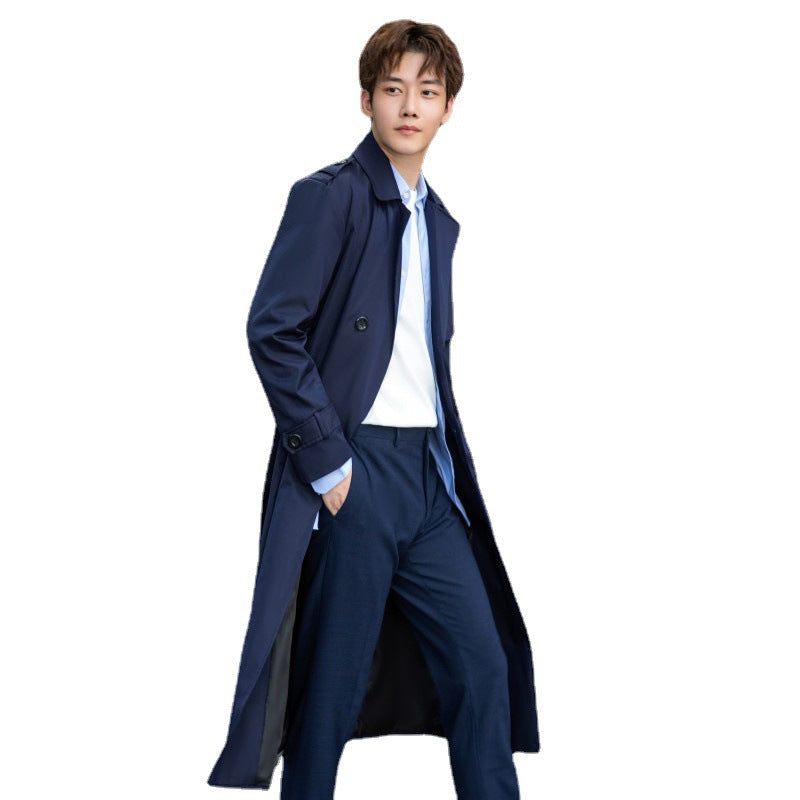 Men's longer double-breasted trench coat with storm flap and D-ring details Chichicherry