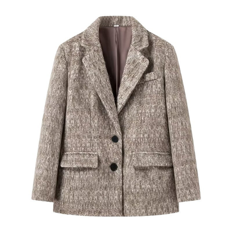 Women's Boxy Wool Blend Blazer Coat with Boucle Structure, Notched Lapel and Flap Pockets Chichicherry