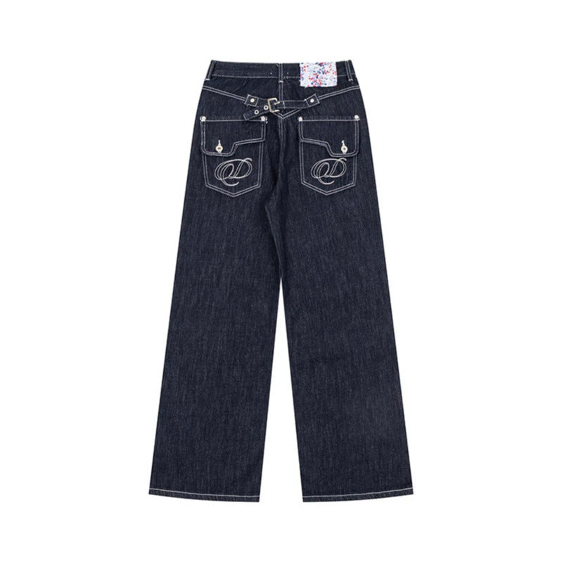 Women Loose High-Waist Jeans in Palazzo Cut with Decorative Stitching and Floral Pocket Lining Chichicherry