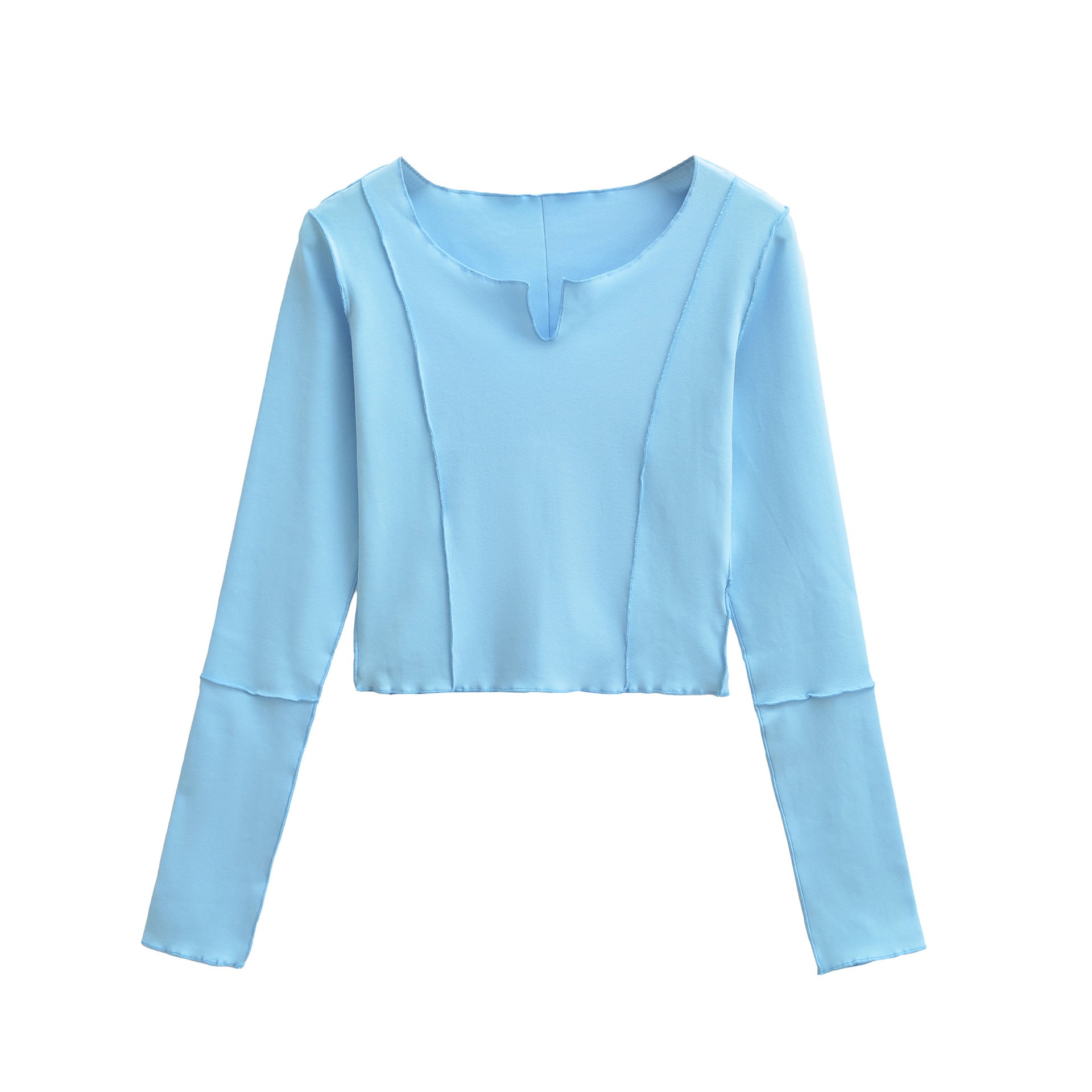 Women's Short Sleeve Long Sleeve Shirt with Visible Rolled Seams and Slit Collar Chichicherry