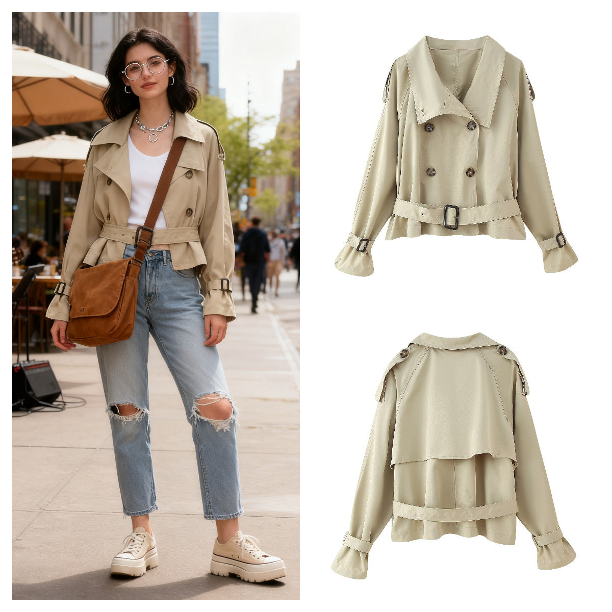 Women's short trench coat in boxy cut with double-breasted and belted waist Chichicherry