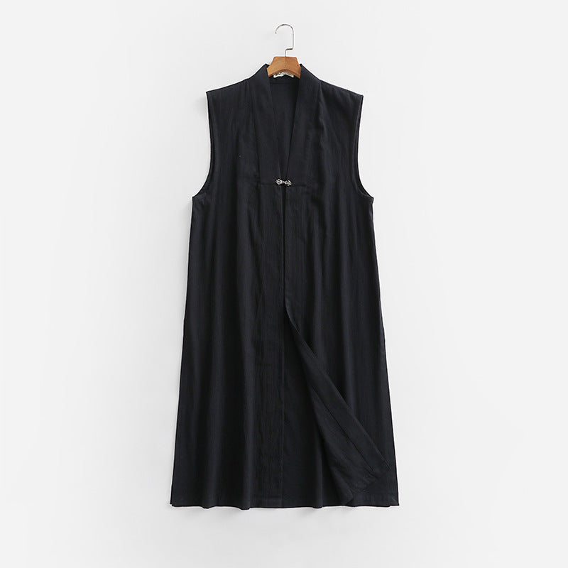 Women's Long Sleeveless Kimono Vest made of Linen Blend with Narrow Shawl Collar and Decorative Toggle Closure Chichicherry