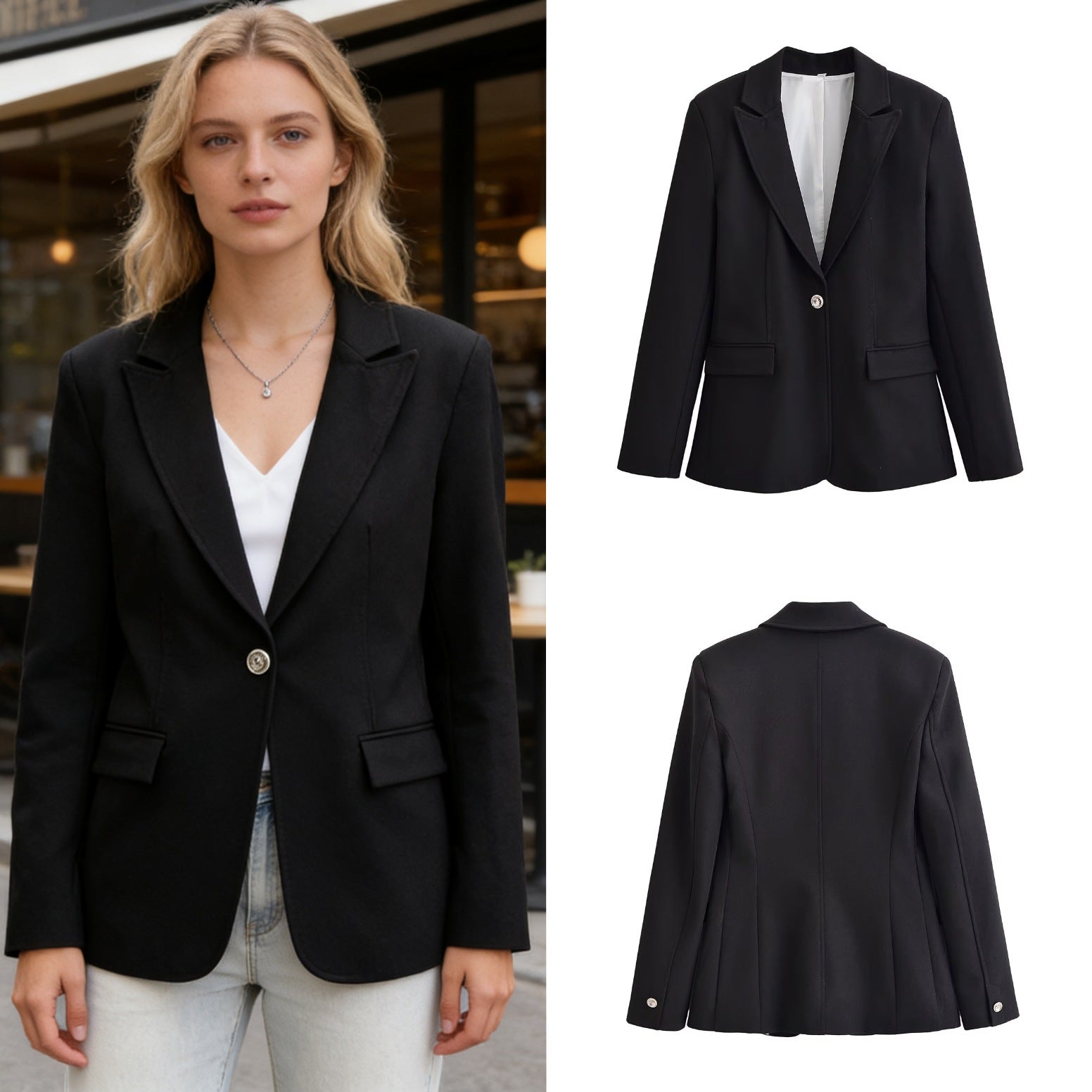 Women's Longer Tailored Single-Button Blazer with Narrow Lapels and Flap Pockets Chichicherry