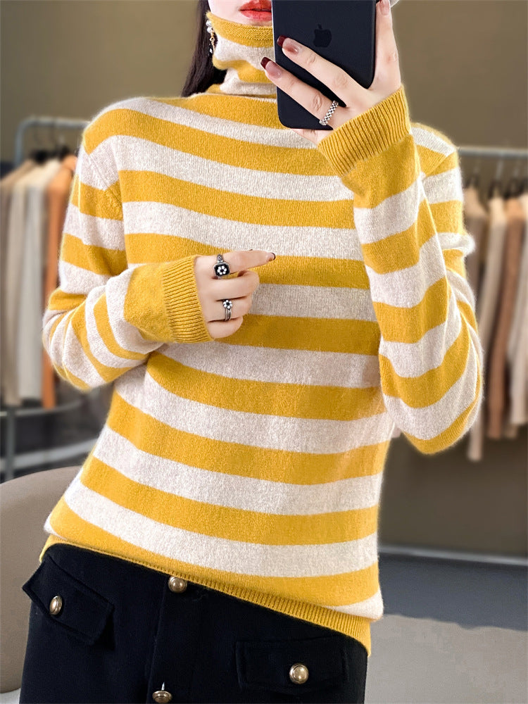 Women Casual Striped Turtleneck Sweater made of Wool Blend with Relaxed Fit Chichicherry