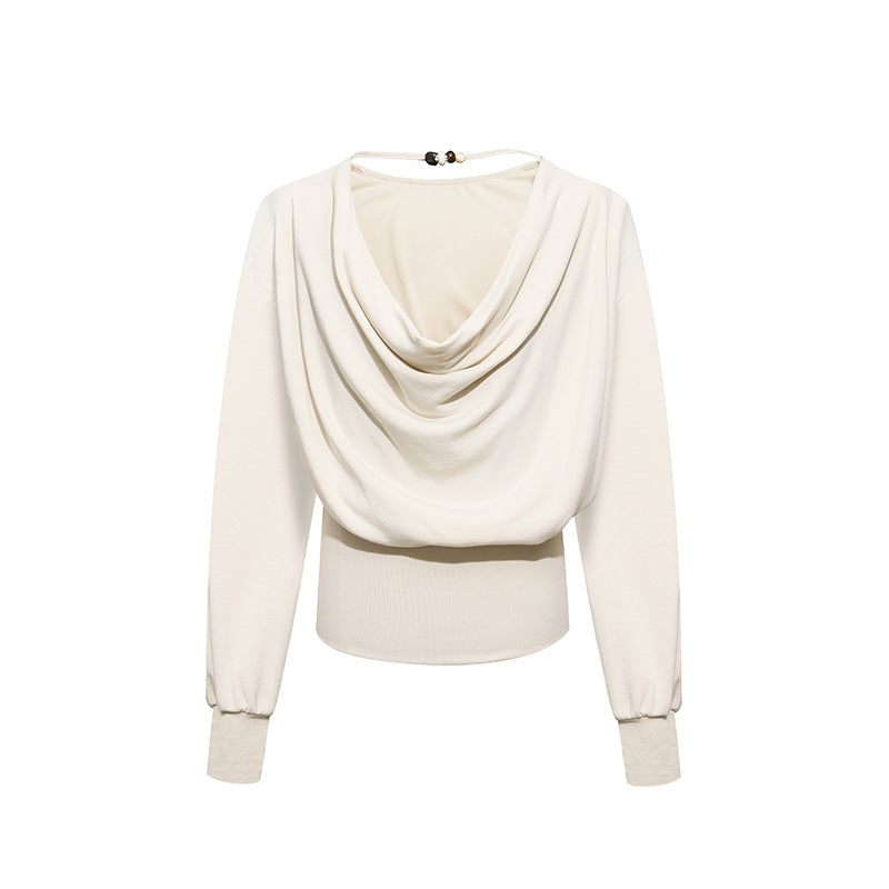 Women Draped Long Sleeve Top with Waterfall Collar, Open Back Strap and Fitted Ribbed Hem Chichicherry