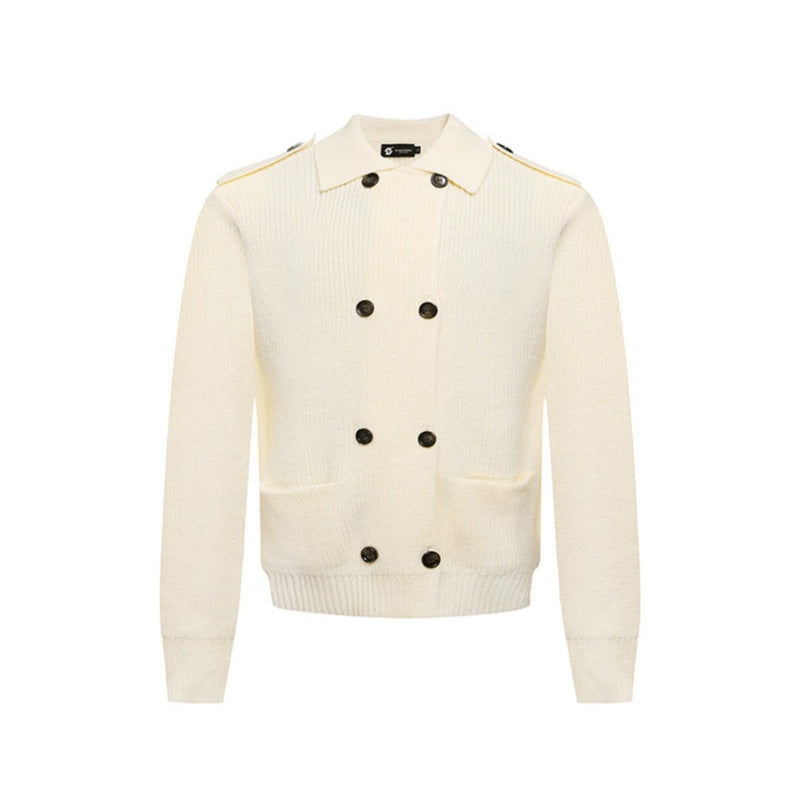 Men's knit double-breasted cardigan with collar, shoulder tabs, and welt pockets Chichicherry