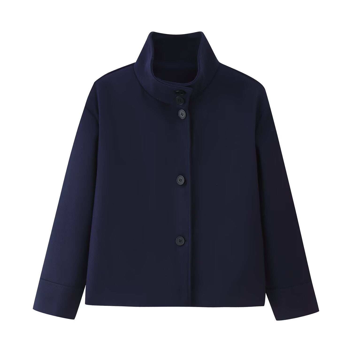 Women Short Boxy Jacket with Stand-Up Collar and Full Button Placket Chichicherry