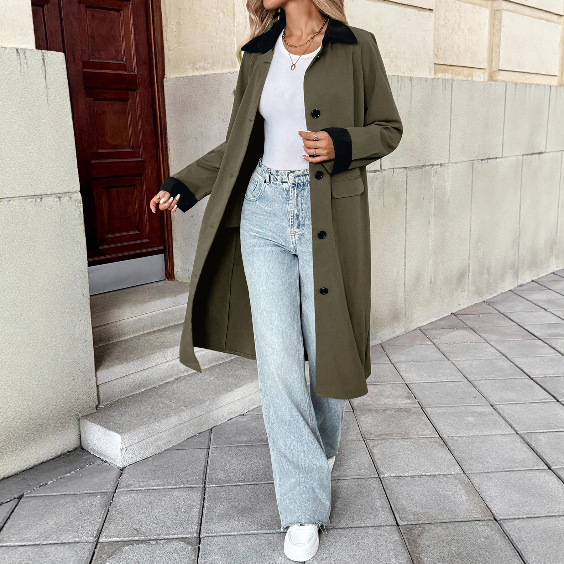 Women's long trench coat with contrast collar and cuffed sleeves Chichicherry