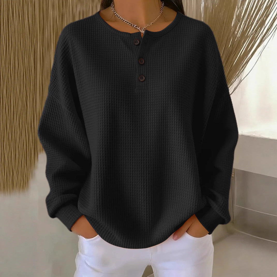 Women's waffle knit henley long sleeve with button placket and oversized fit Chichicherry