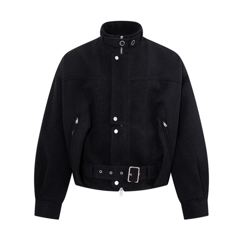 Women's short wool bomber jacket with high stand collar, waist belt and concealed zipper Chichicherry