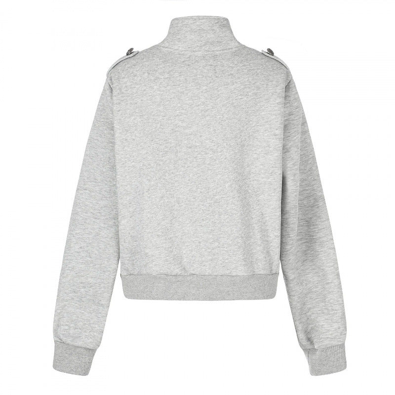 Unisex Sweat Jacket in Military Look with Double Button Placket Chichicherry