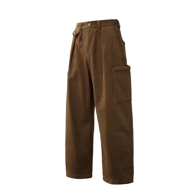 Men's Wide Corduroy Cargo Pants with Pleats, Applied Side Pockets and Relaxed Fit Chichicherry