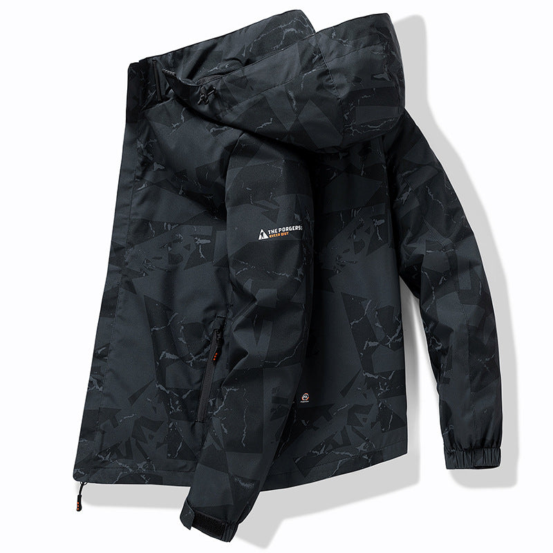 Men's technical waterproof hooded jacket with graphic camouflage print, zippered pockets, and adjustable hem Chichicherry