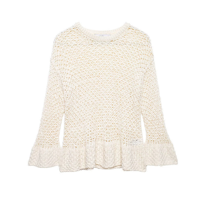 Women's loosely knitted lace pullover with ruffled hem and flared sleeves Chichicherry