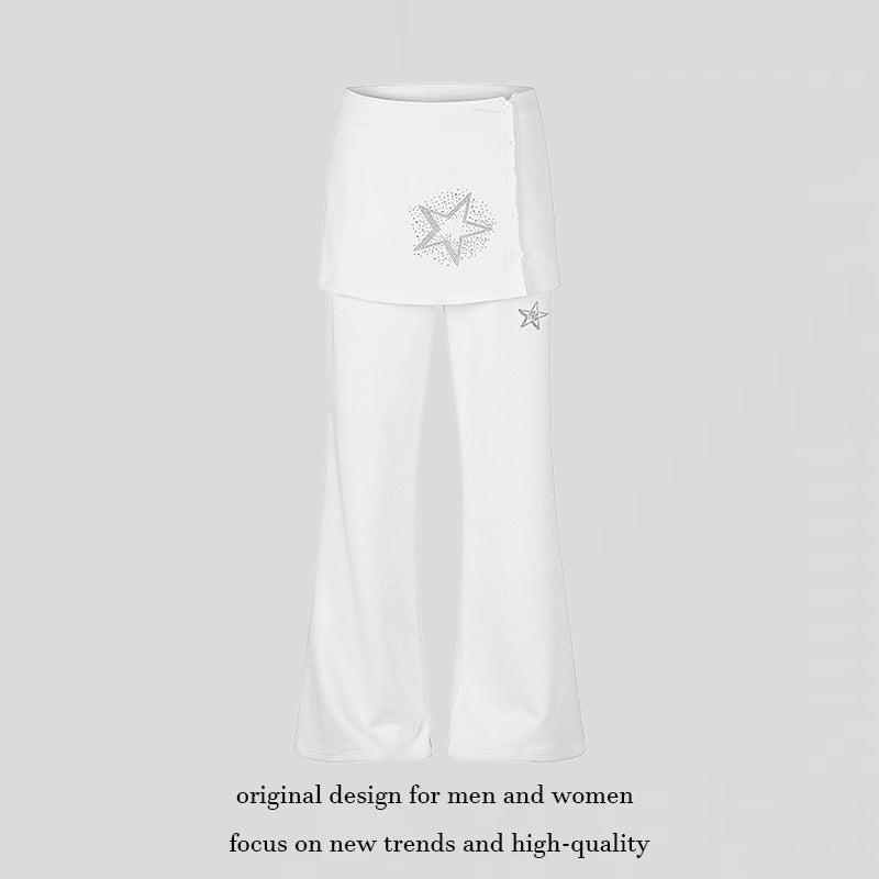 Women's loungewear pants with integrated mini skirt, wide leg, and star rhinestone application Chichicherry