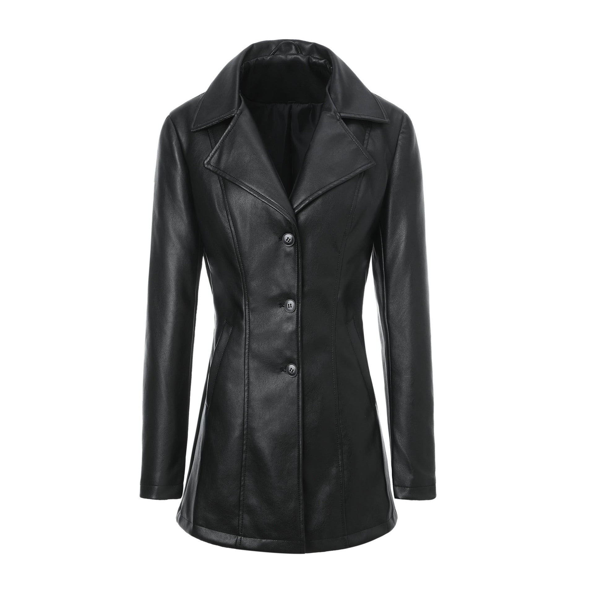Women's tailored faux leather coat with lapel collar and decorative stitching Chichicherry
