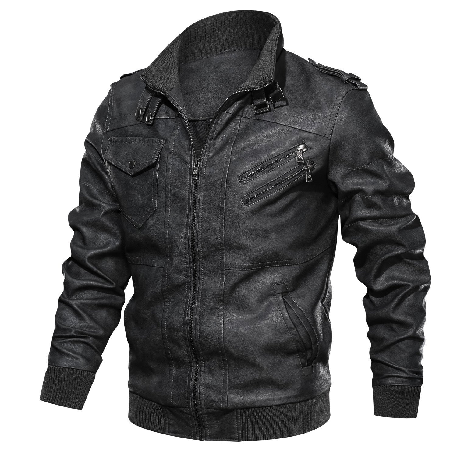 Men's Leather Bomber Jacket in Aviator Style with Stand Collar and Ribbed Cuffs Chichicherry