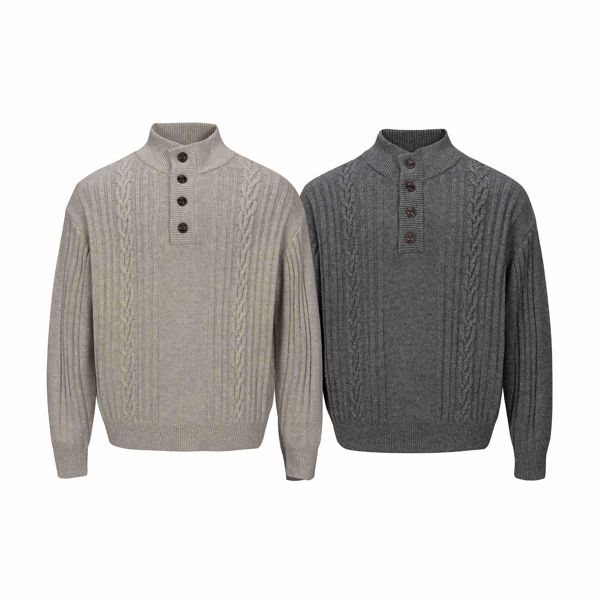 Men's Coarse Structured Knit Sweater with Stand-up Collar and Button Placket Chichicherry