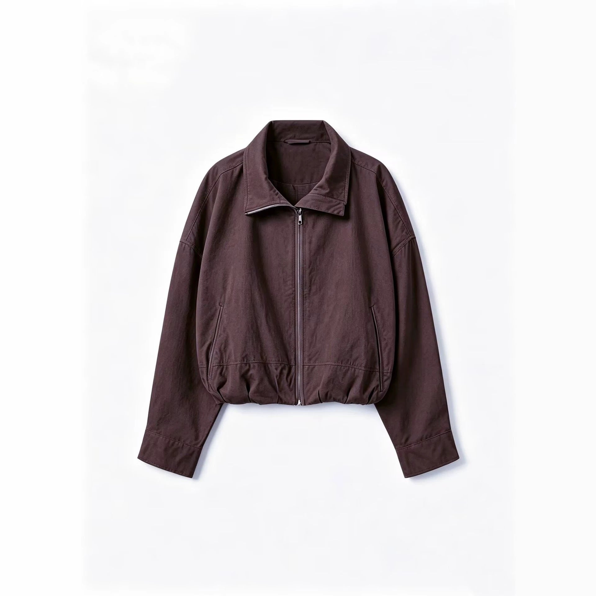 Women's Lightweight Short Bomber Jacket with Stand-up Collar, Drawstring Waist and Concealed Zipper Chichicherry