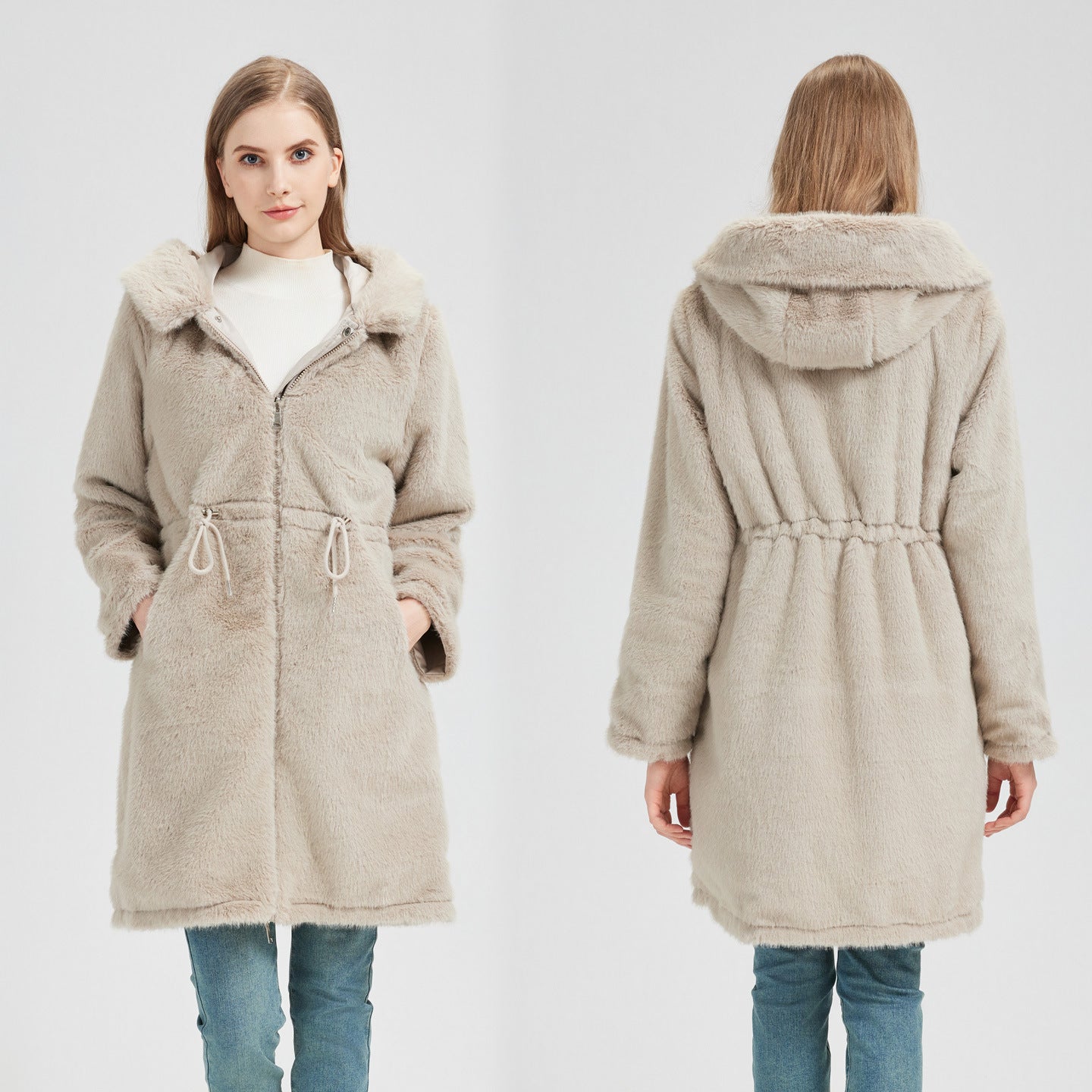 Women's tailored long thermal parka with faux fur trim on hood and sleeves as well as drawstring waist Chichicherry