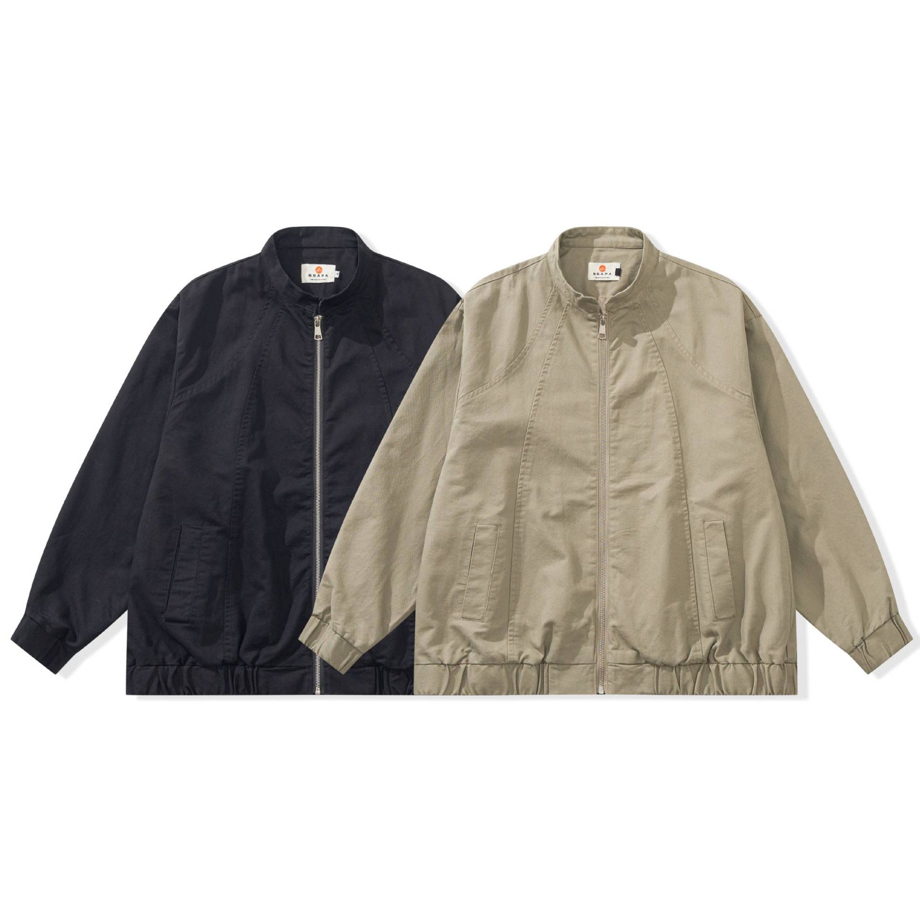 Unisex Stylishly Cut Canvas Zip Jacket with Stand-Up Collar, Drawstring Hem and Utility Pockets Chichicherry