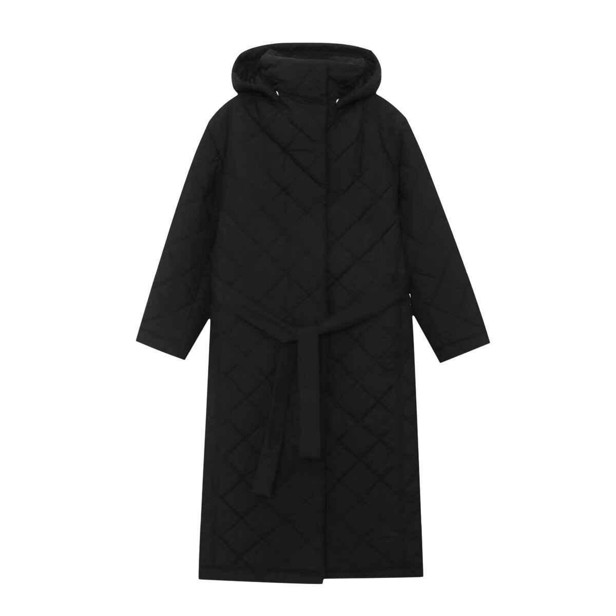 Ladies quilted coat with hood, belt and diamond quilting Chichicherry