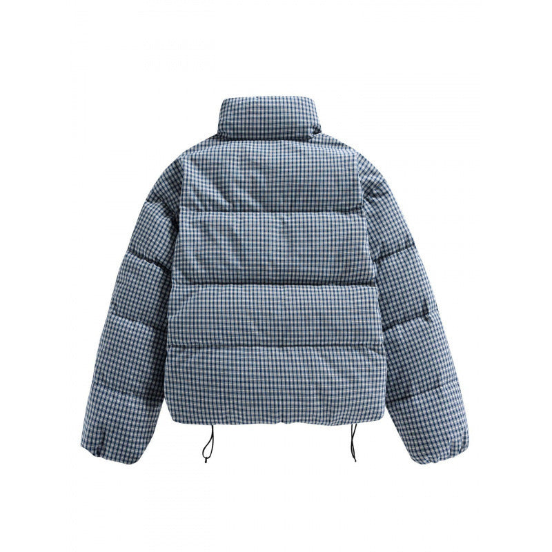 Women's short quilted jacket in check pattern with high stand-up collar and drawstring Chichicherry