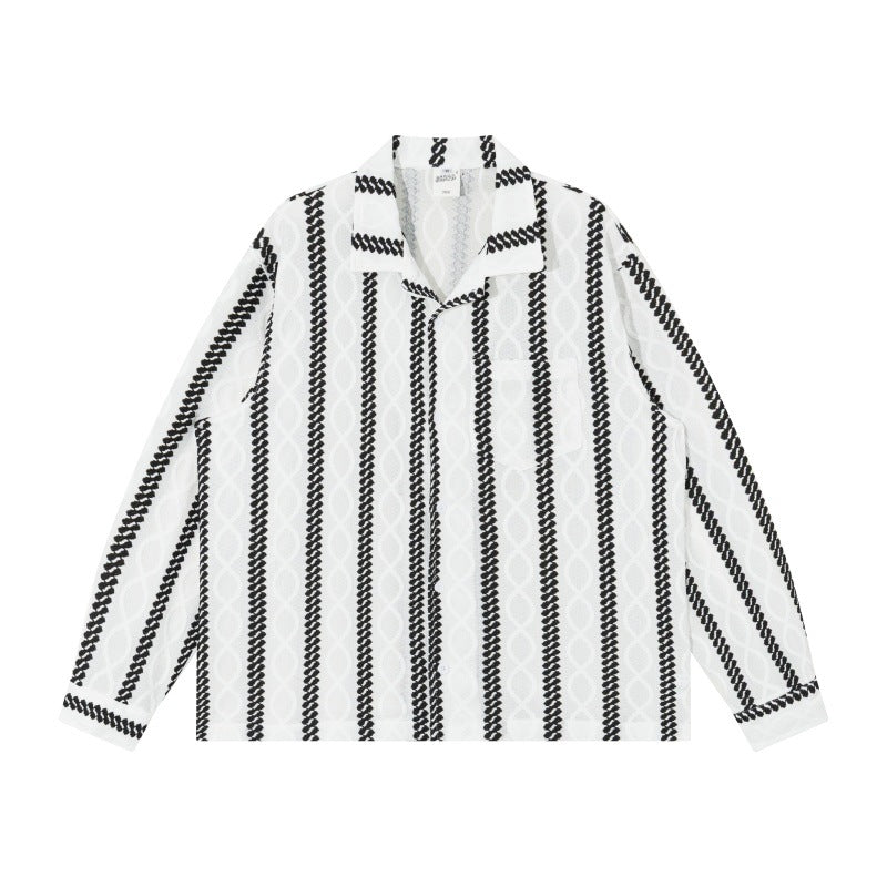 Unisex Lightweight Shirt Jacket with Camp Collar, Relaxed Fit and Vertical Braid Stripe Pattern Chichicherry