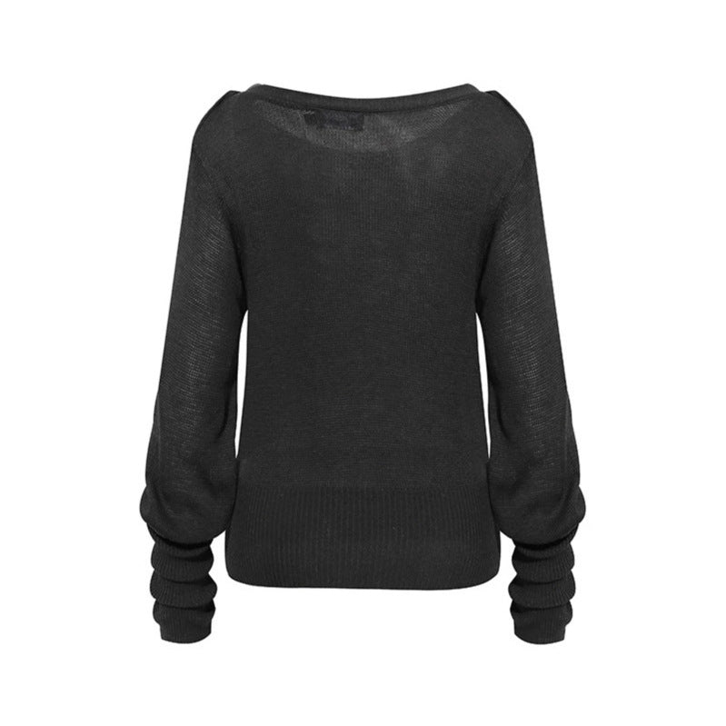 Women's lightweight fine knit pullover with dropped shoulders and long ruffled sleeves Chichicherry