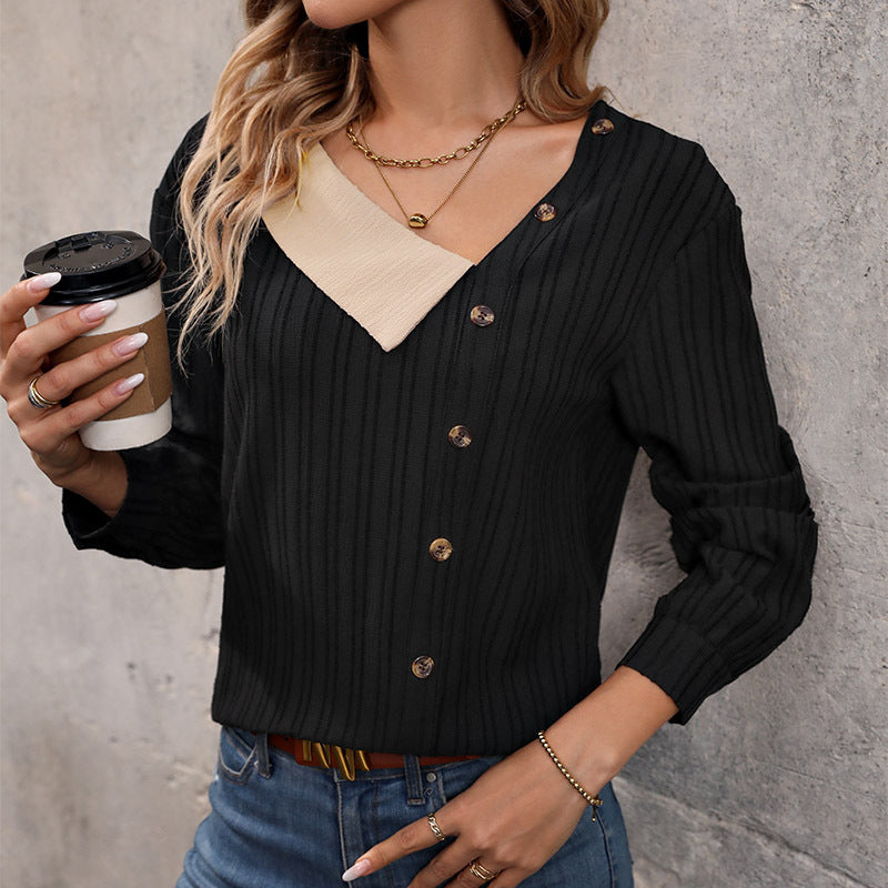 Women's ribbed top with asymmetrical button placket and contrasting V-insert Chichicherry
