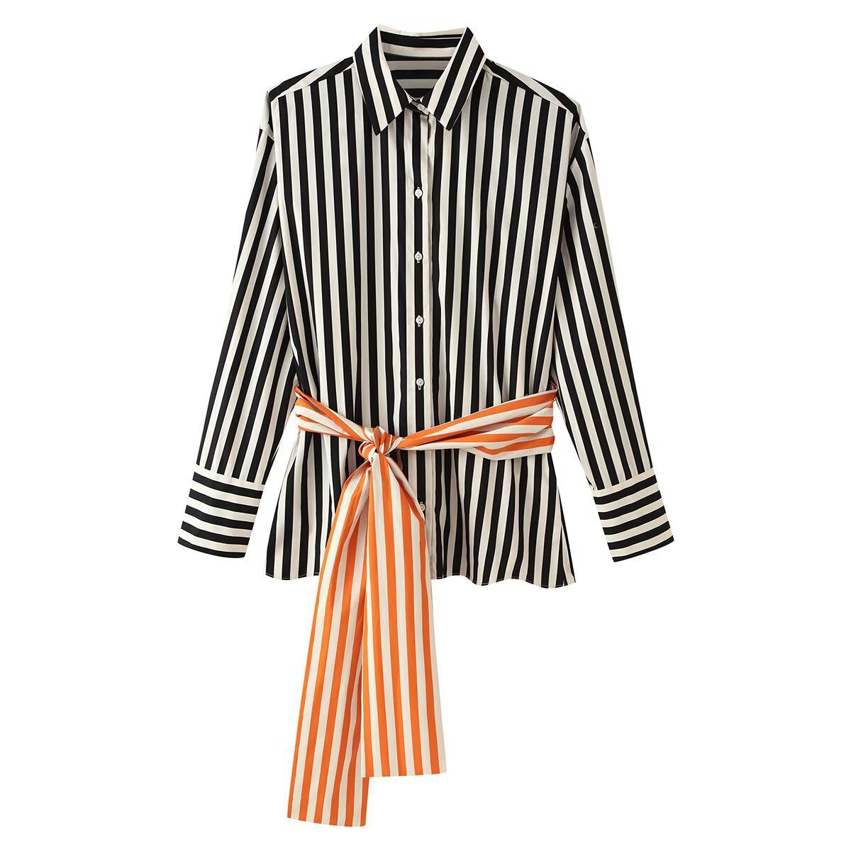 Women's Striped Shirt Blouse with Long Sleeves and Contrasting Waist Belt Chichicherry