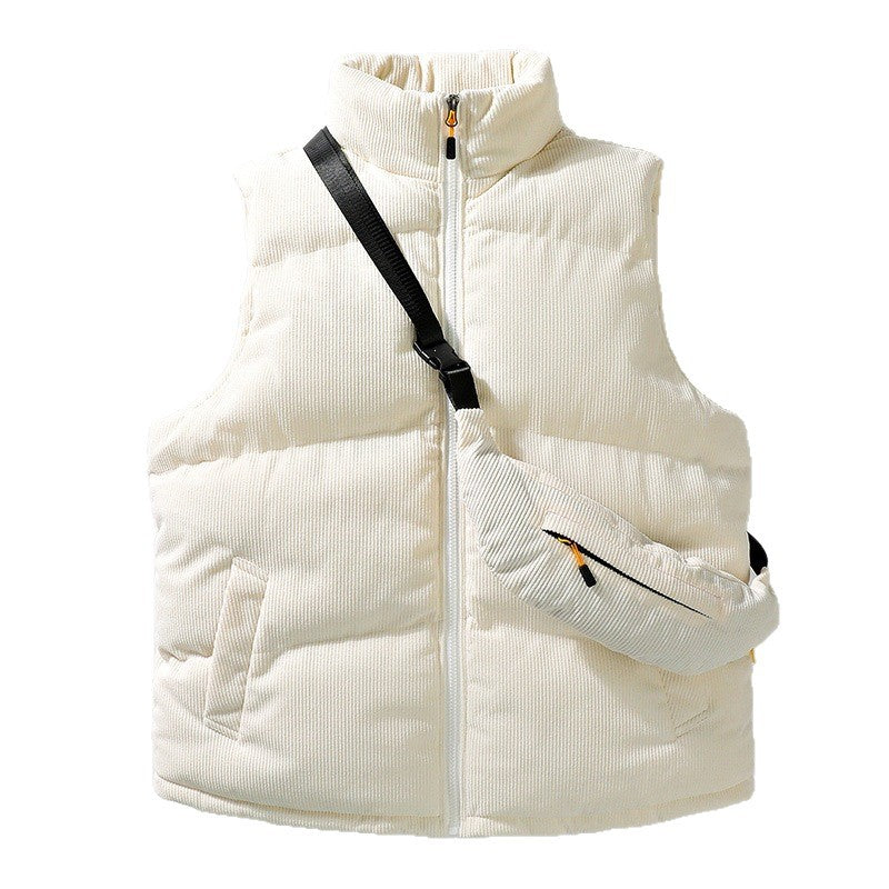Men's Quilted Cord Sleeveless Thermal Vest with Stand Collar and Integrated Crossbody Bag Chichicherry